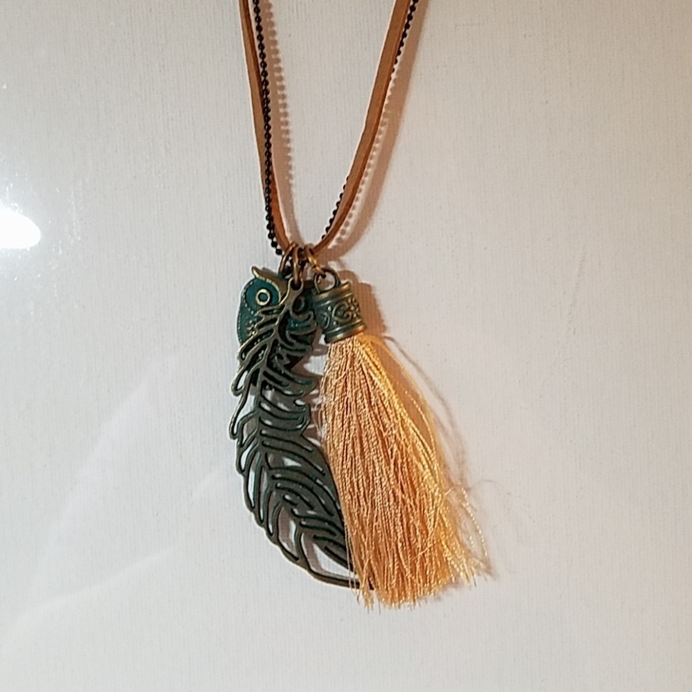 30" Vegan Suede Bead Tassel Feather & Owl Necklace